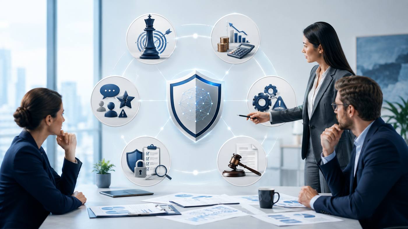 Equipe empresarial analisando diferentes tipos de riscos corporativos, incluindo riscos financeiros, jurídicos, operacionais, estratégicos e regulatórios.